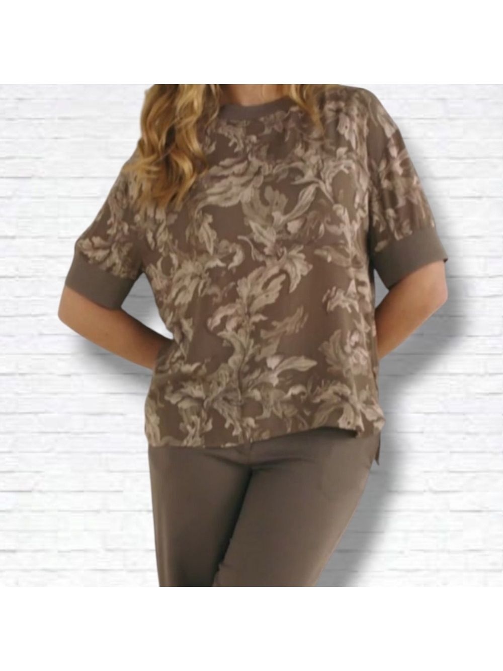 Yaya Woman Brown Floral Printed Woven Short Sleeve Shirt Size 40 EU/Large